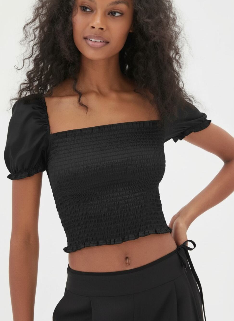 NWT Urban Outfitters Black Smocked Square Neck Crop Top S